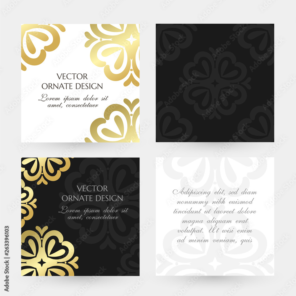 Golden floral ornament. Square cards collection. Banners with decoration elements on the black and white background.