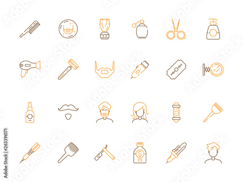 Beauty salon icon. Haircut and barber shop accessories scissors comb trimming and shaving vector colored symbols. Hairdressing, beard and mustache trimming illustration