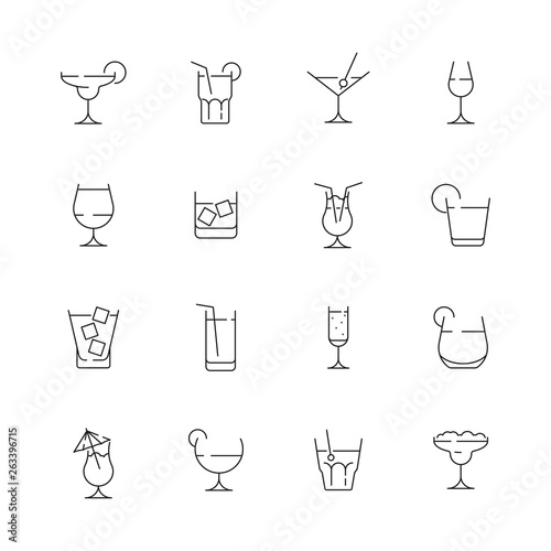 Glass for drink icons. Cocktail and alcoholic drink for party liquid martini with ice bar pictogram vector collection. Illustration of alcohol drink, martini beverage and whiskey photo