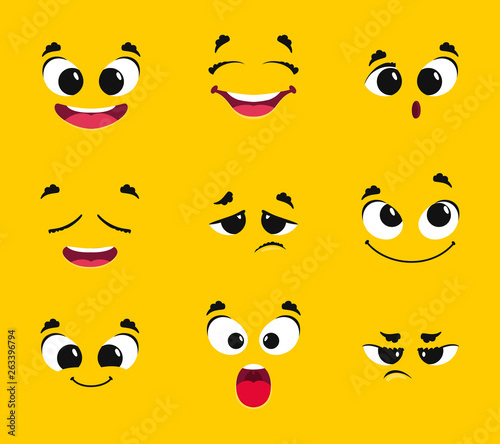 Cartoon faces collection. Different emotions smile joy surprise sadness anger longing fright vector emoticons. Illustration of facial emotional, surprised and sadness