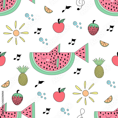 Seamless pattern cute fruit cartoon hand drawn style.vector and illustration