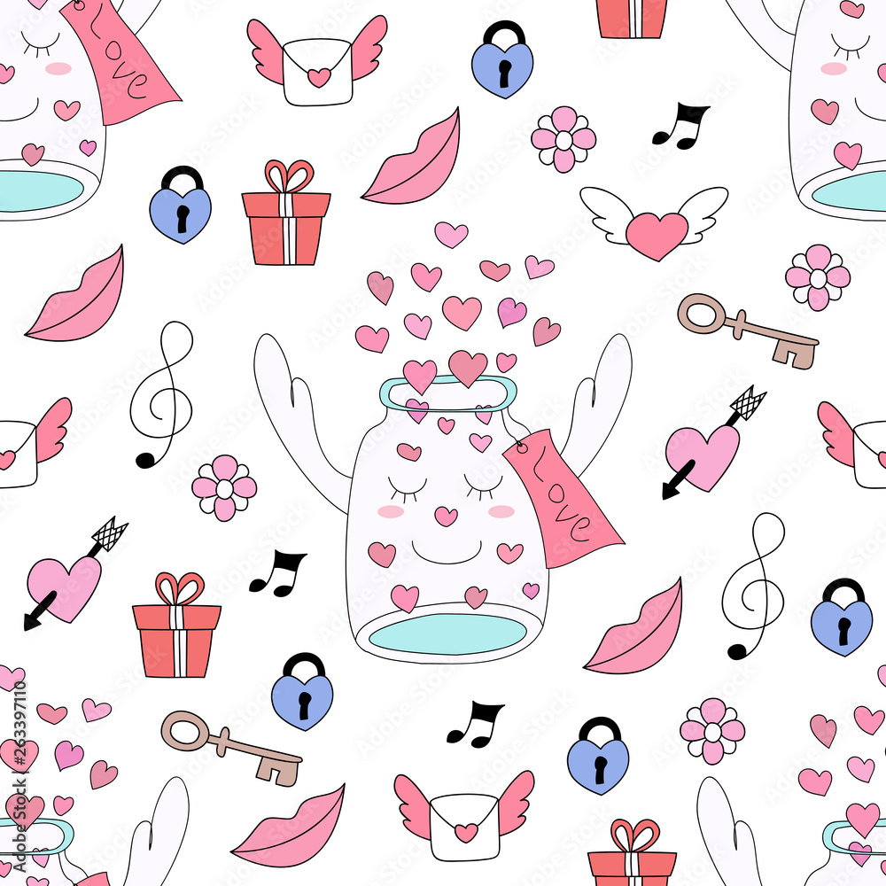 Seamless pattern cute valentine cartoon hand drawn style.vector and illustration