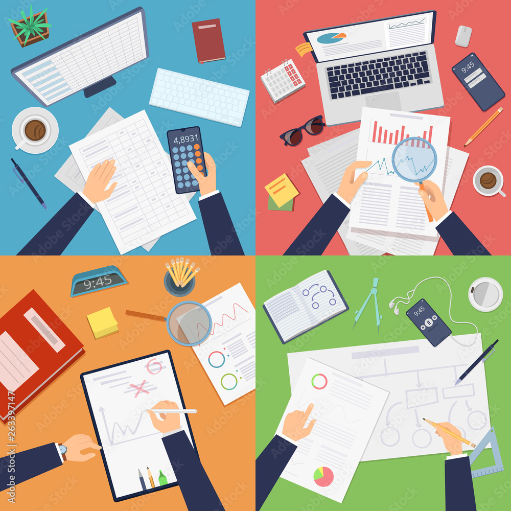 Business workplace top view. Businessman working analytics reporting documents making calculations writing drawing professional at work. Business work office, workplace table view illustration Business workplace top view. Businessman working analytics reporting documents making calculations writing drawing professional at work. Business work office, workplace table view illustration
