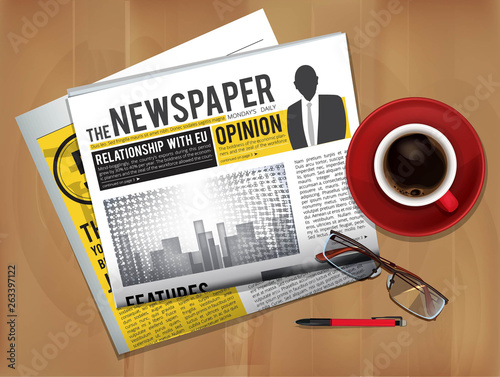 Newspaper with coffee cup. Magazine or newspaper press cover top view on table breakfast news with hot tea vector picture. Newspaper and coffee of cup, news page information illustration