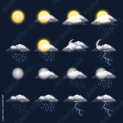 Meteo realistic icon. Clouds sun rain wind snow vector weather symbols. Illustration of meteo forecast, meteorology interface photo