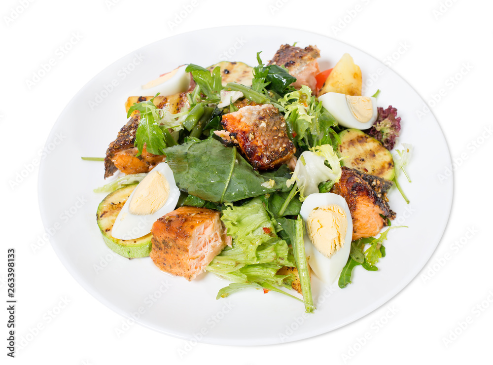 Grilled salmon salad with vegetables and eggs. Grilled salmon salad with vegetables and eggs.