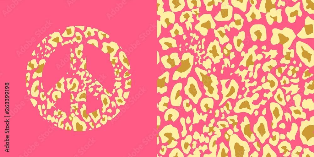 Animal pink wallpaper and hippie peace symbol with leopard gold print. Fashion design for t-shirt, bag, poster, scrapbook