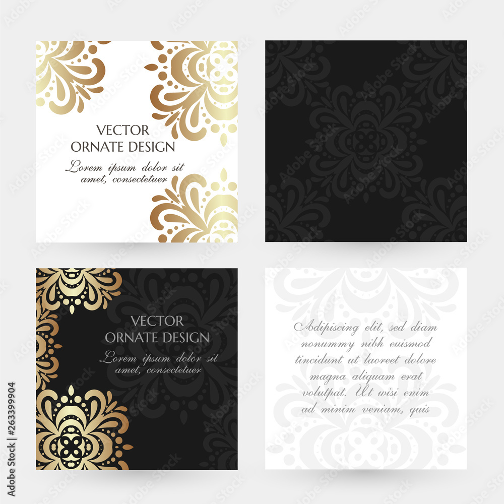 Bronze floral motif. Square cards collection. Banners with decoration elements on the black and white background.