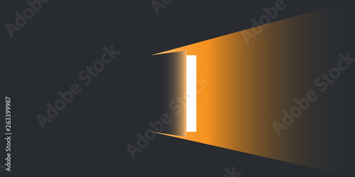     Dark room, Open Door with Light Going Through It - New Possibilities, Hope Concept, Overcome Problems, Solution Finding 
