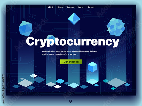 Cryptocurrency website. Cryptocurrency and digital money technology concept vector website. Website template. The concept of a landing page for cryptocurrency trading. Blockchain technology. Bitcoin