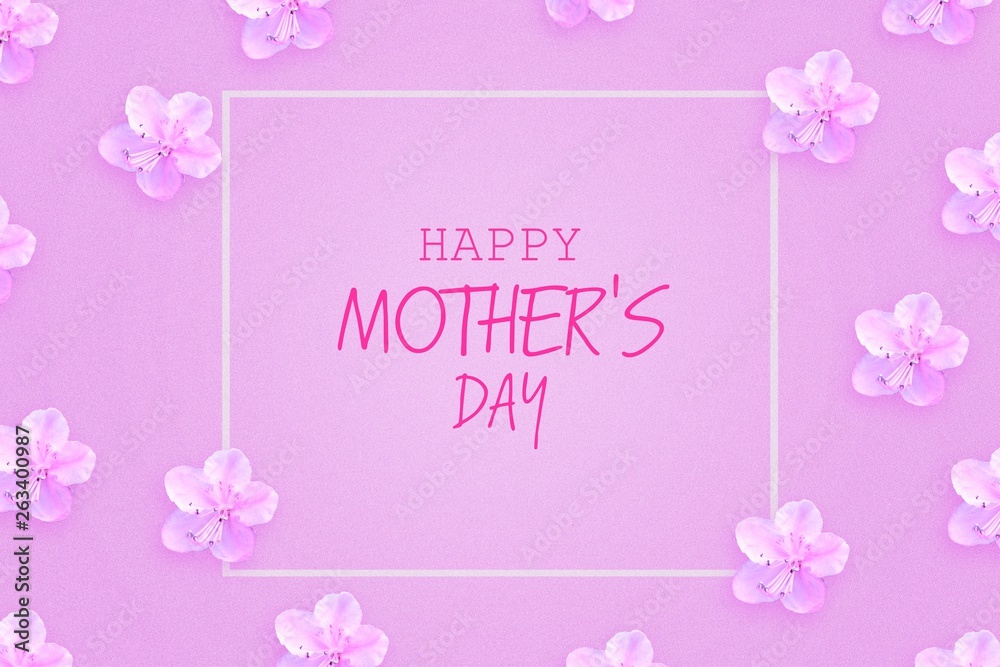 Happy Mother's Day lettering on a light pink background with beautiful spring flowers. Congratulatory background. Holiday card