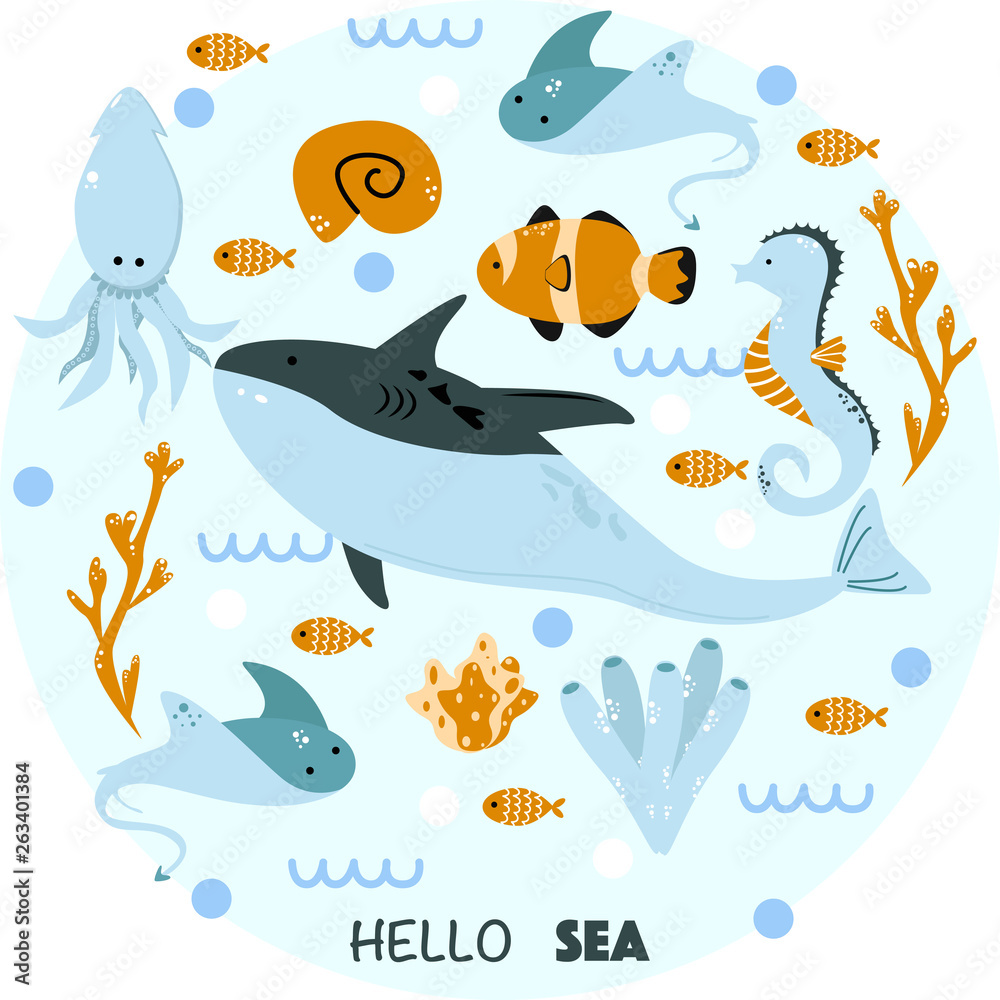 Naklejka premium poster with sea animals hello sea - vector illustration, eps