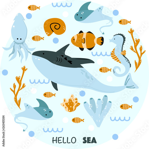 poster with sea animals hello sea - vector illustration, eps