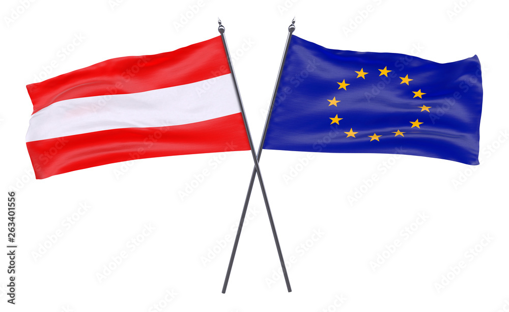 Austria and EU, two crossed flags isolated on white background. 3d image Austria and EU, two crossed flags isolated on white background. 3d image