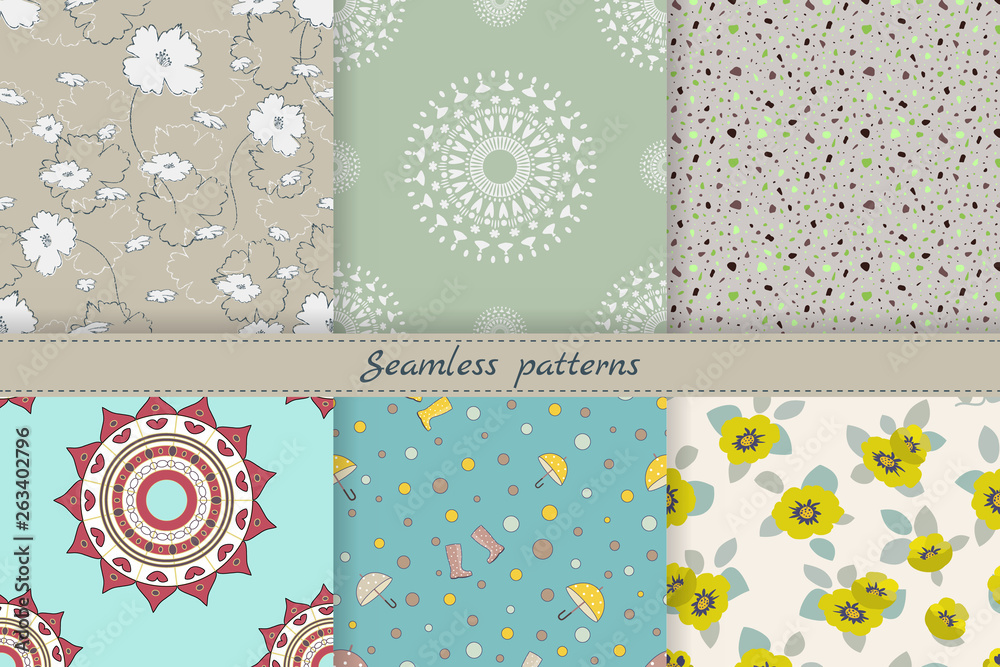 Set of cute seamless patterns. Endless texture for wallpaper, fill, web page background, fabric,covers. Different themes:floral,mandala,funny for children,confetti.Soft colours.Vector illustration