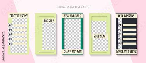 Editable Stories Minimal Vector Layout. Social Media Like and Share, Trends, Sale -50 Photo Frames Kit. Sale Insta Stories Layout