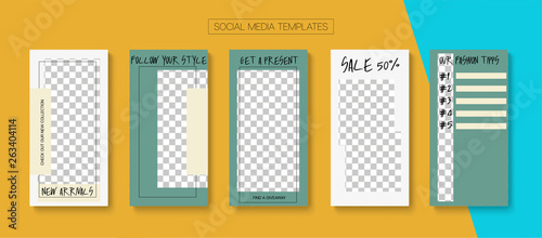 Editable Stories Minimal Vector Layout. Social Media Like and Share, Trends, Sale -50 Photo Frames Kit. Sale Insta Stories Layout