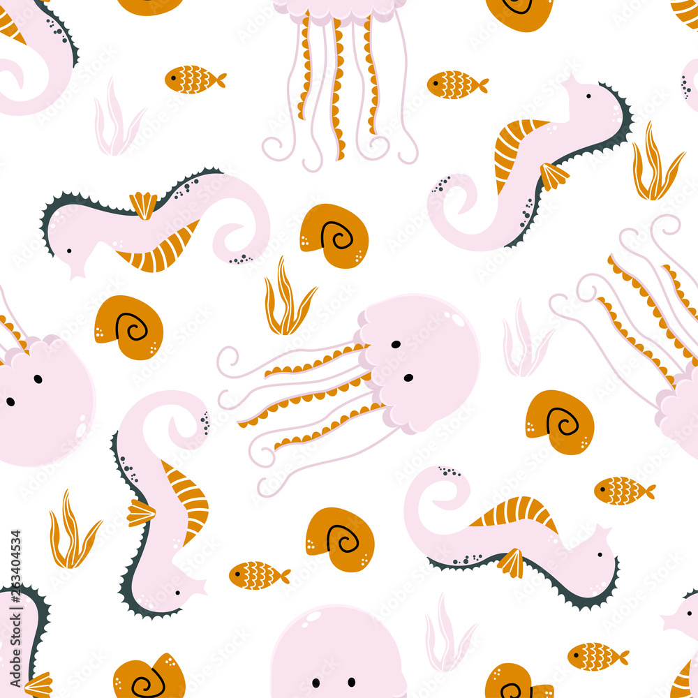 Pink seahorses and jellyfish