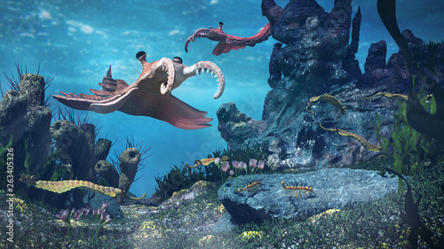 creatures of the Cambrian period, underwater scene with Anomalocaris, Opabinia, Hallucigenia, Pirania and Dinomischus (3d science illustration) photo