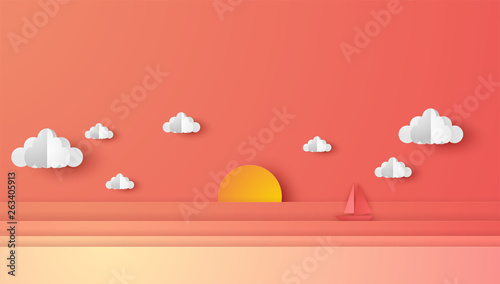Illustration of sea view and sunset in the evening with a floating sailing boat in the sea. Beautiful sunset seascape. paper cut and craft style. vector, illustration.