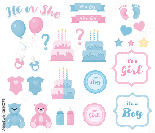 Gender reveal clipart with banners and frames.Blue and pink colors