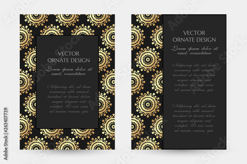Golden circle motif. Luxury vertical posters with decorative frame and border on the black background.