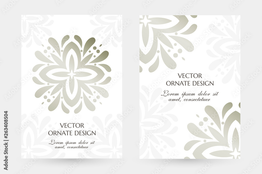 Silver floral elegant motif. Stylish vertical posters with ornaments on the white background.
