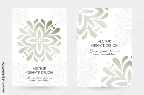 Silver floral elegant motif. Stylish vertical posters with ornaments on the white background.