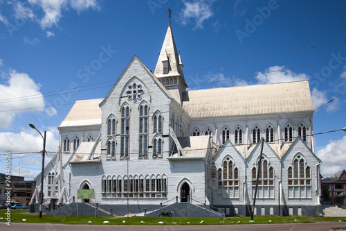 View of St. George's Cathedral. The wooden church reaches a height of 43.5 metres (143 ft). It is the seat of the Bishop of Guyana.
