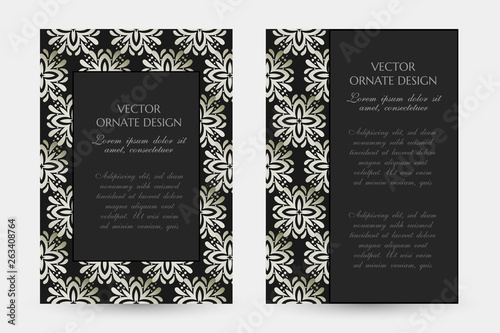 Silver floral elegant motif. Luxury vertical posters with decorative frame and border on the black background.