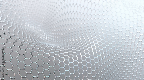 Silver curve metallic mesh on grey background. Abstract technology background, 3d metal mesh from hexagons . 3d render