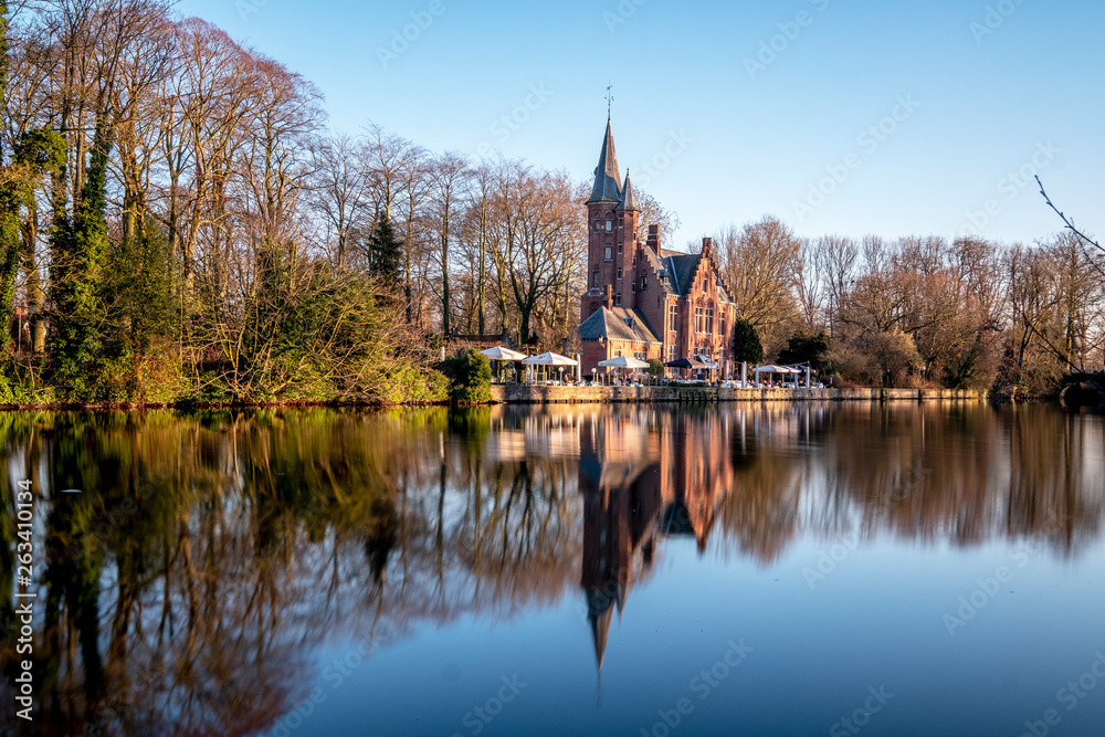 Reflection on Minnewater Park Lake in Bruges in Belgium