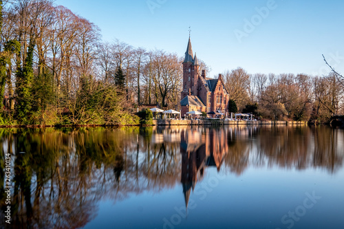 Reflection on Minnewater Park Lake in Bruges in Belgium