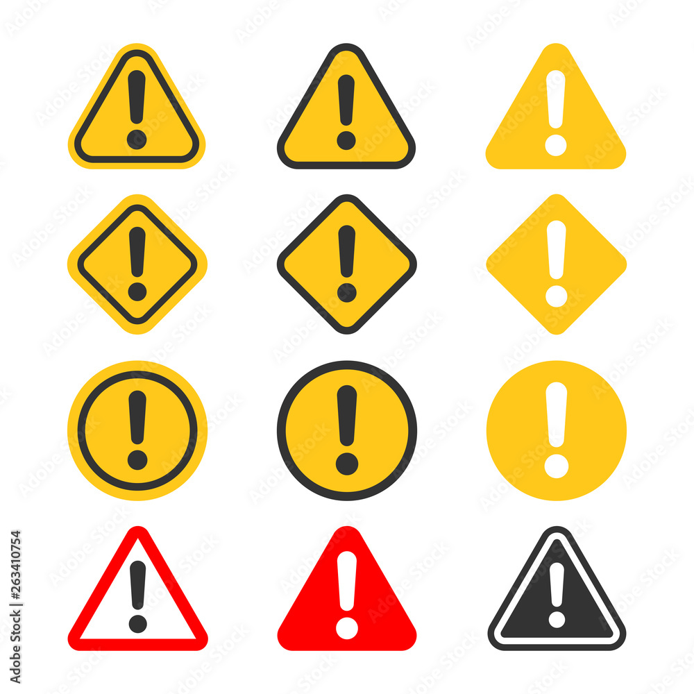 Exclamation mark set icons in flat style. Danger alarm collection vector illustration on white isolated background. Caution risk business concept. Exclamation mark set icons in flat style. Danger alarm collection vector illustration on white isolated background. Caution risk business concept.