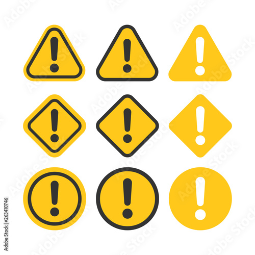 Exclamation mark set icons in flat style. Danger alarm collection vector illustration on white isolated background. Caution risk business concept.