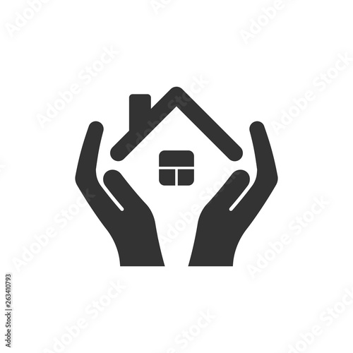 Home care icon in flat style. Hand hold house vector illustration on white isolated background. Building quality business concept.