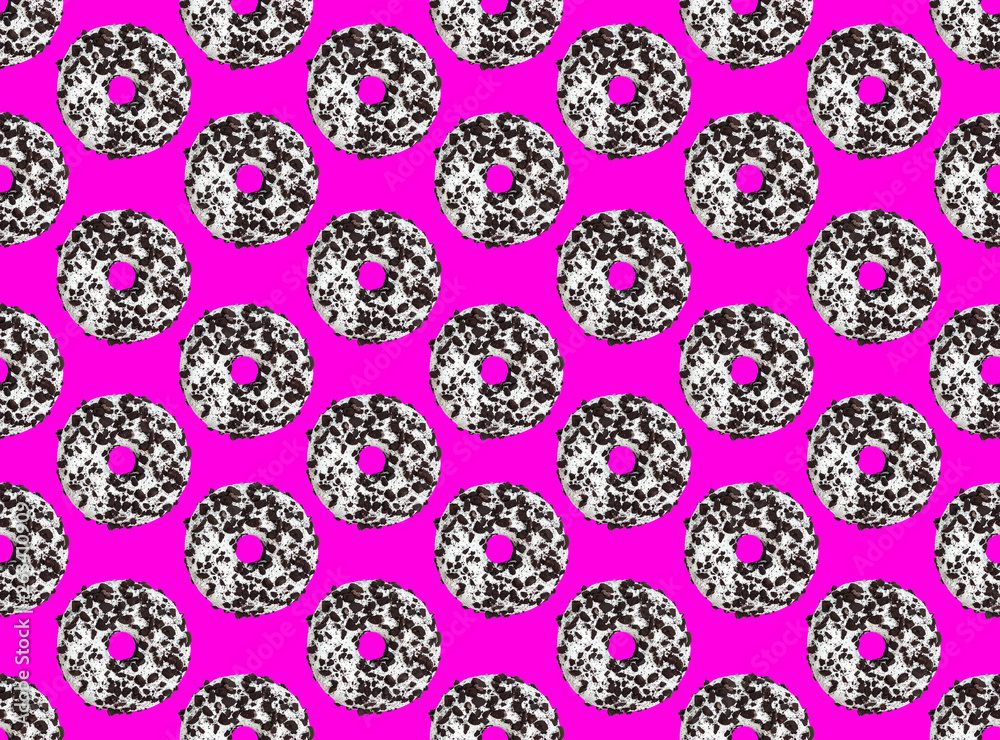 creative geometric seamless pattern. White donut sprinkled with black cookie on trendy pink background. Ornament. Fashion design textile creative geometric seamless pattern. White donut sprinkled with black cookie on trendy pink background. Ornament. Fashion design textile