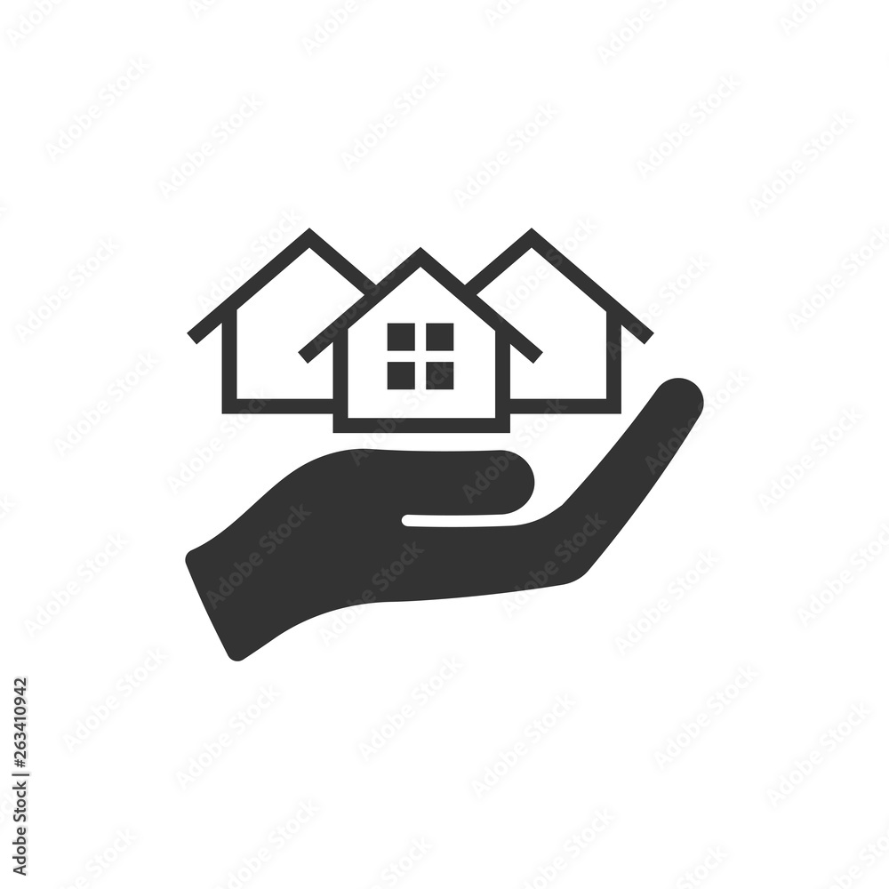 Home care icon in flat style. Hand hold house vector illustration on white isolated background. Building quality business concept. Home care icon in flat style. Hand hold house vector illustration on white isolated background. Building quality business concept.