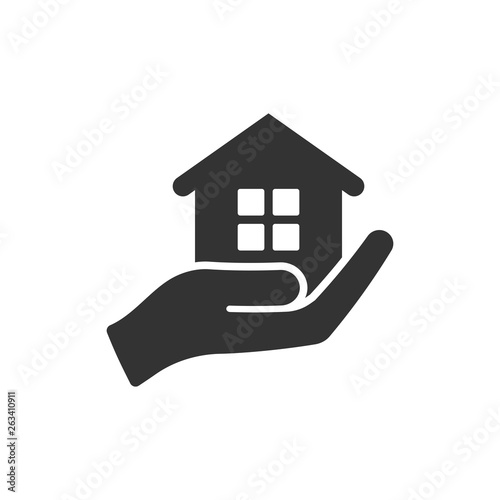 Home care icon in flat style. Hand hold house vector illustration on white isolated background. Building quality business concept.