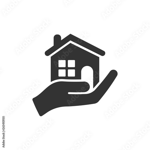 Home care icon in flat style. Hand hold house vector illustration on white isolated background. Building quality business concept.