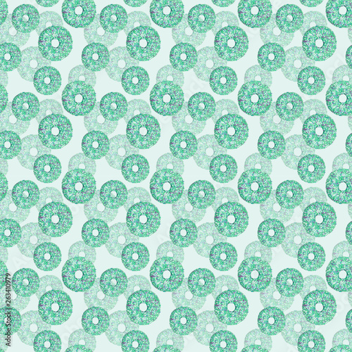 Summer seamless pattern. Donuts with green glaze and colored splashes. design for textile, wallpaper
