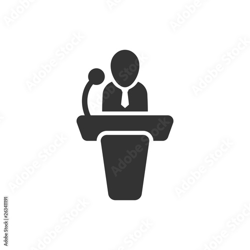 Public speach icon in flat style. Podium conference vector illustration on white isolated background. Tribune debate business concept.