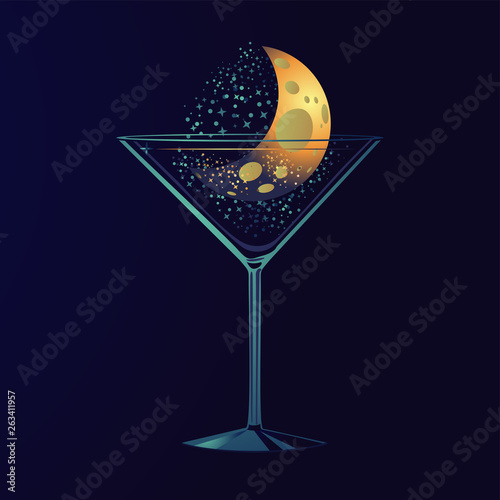 Nigth party poster with cocktail. Moon in a glass. Romantic date background. Illustration for a lounge bar.