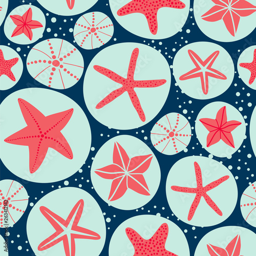 Starfishes and sea urchin. Seamless vector pattern in marine theme. 