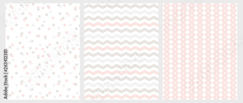 Abstract Seamless Geometric Patterns with Pastel Color Chevron and Dots on a White Background. Simple Pink and Gray Zigzags and Dots Isolated on a White. Set of 3 Repeatable Geometric Designs.