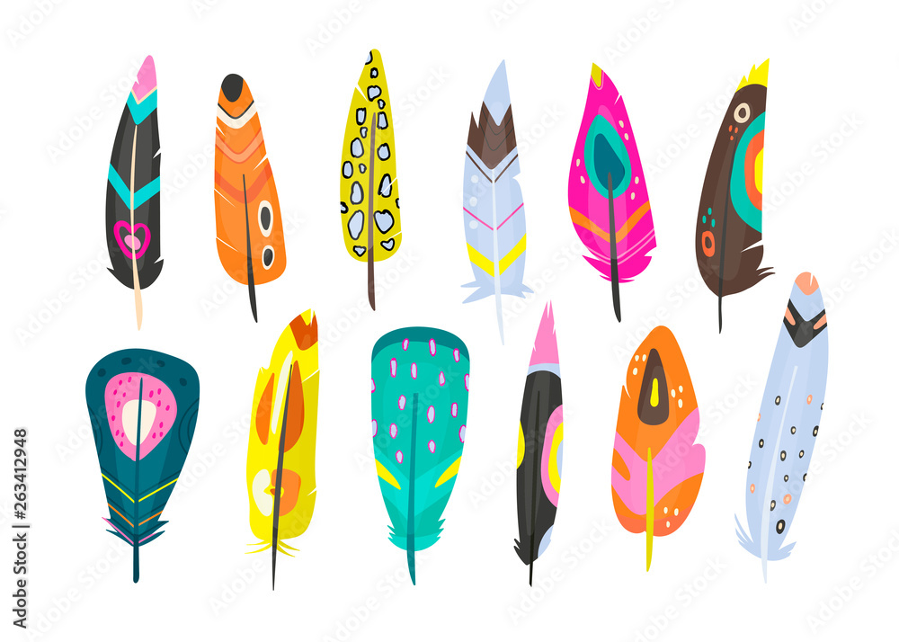 Various bright abstract feathers. Different shapes. Hand drawn vector set. Colorful trendy illustration. All elements are isolated Various bright abstract feathers. Different shapes. Hand drawn vector set. Colorful trendy illustration. All elements are isolated