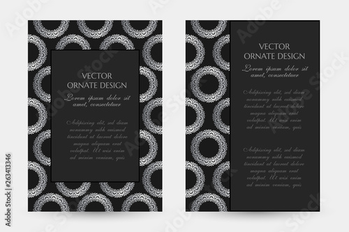 Silver circle decor. Luxury vertical posters with decorative frame and border on the black background.