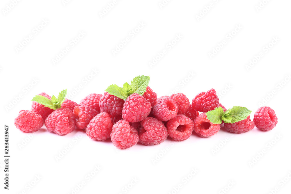 Ripe raspberries with green leafs isolated on white background Ripe raspberries with green leafs isolated on white background