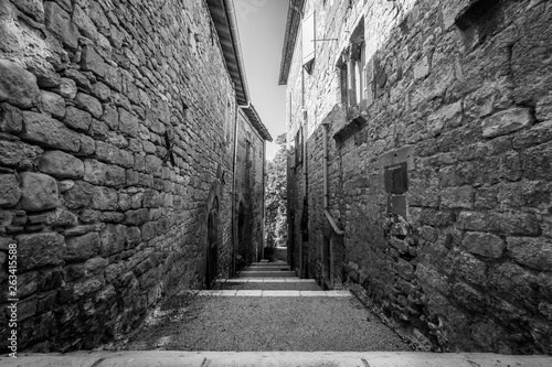 Une rue dans Castelnau-de-Montmiral, Tarn, noir et blanc
