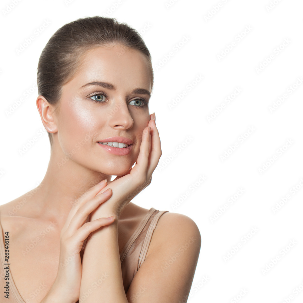 Smiling woman with natural healthy skin isolated on white. Skin care concept Smiling woman with natural healthy skin isolated on white. Skin care concept